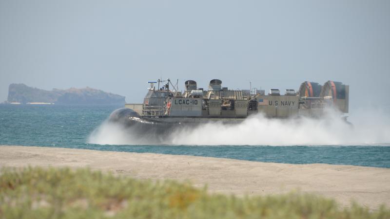 A U.S. Navy hovercraft prepares to hit the beach during amphibious-landing exercises as part of an annual joint U.S.-Philippine military exercise on the shores of San Antonio, facing the South China Sea, in Zambales province, Philippines, on April 11, 201 A U.S. Navy hovercraft prepares to hit the beach during amphibious-landing exercises as part of an annual joint U.S.-Philippine military exercise on the shores of San Antonio, facing the South China Sea, in Zambales province, Philippines, on April 11, 201