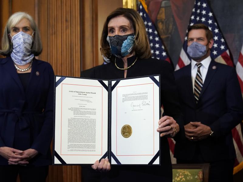 House Speaker Nancy Pelosi of California displays the signed article of impeachment against President Trump in an engrossment ceremony before transmission to the Senate for trial on Capitol Hill. It's unclear when a Senate trial will start. House Speaker Nancy Pelosi of California displays the signed article of impeachment against President Trump in an engrossment ceremony before transmission to the Senate for trial on Capitol Hill. It's unclear when a Senate trial will start.