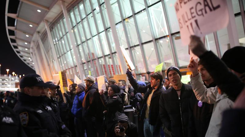 Activists stage a rally against President Donald Trump's 90-days ban of entry on 7 Muslim-majority countries at JFK airport in New York on Saturday. Activists stage a rally against President Donald Trump's 90-days ban of entry on 7 Muslim-majority countries at JFK airport in New York on Saturday.