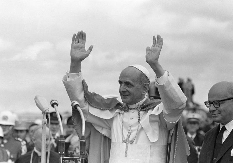Pope Paul VI acknowledges cheers as standing on platform in Bogota, Colombia, on Aug. 22, 1968. Pope Paul VI acknowledges cheers as standing on platform in Bogota, Colombia, on Aug. 22, 1968.