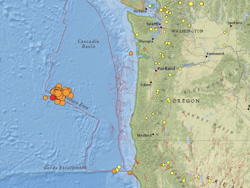 A swarm of more than 50 earthquakes has been detected off the Oregon coast in the past 24 hours, prompting seismologists to reassure Pacific Northwest residents that they're not in danger. The Blanco Transform Fault Zone is very active, but it poses littl A swarm of more than 50 earthquakes has been detected off the Oregon coast in the past 24 hours, prompting seismologists to reassure Pacific Northwest residents that they're not in danger. The Blanco Transform Fault Zone is very active, but it poses littl
