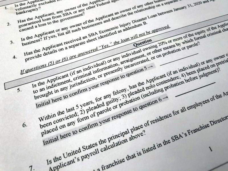 The Justice Department has accused 57 people of defrauding the Paycheck Protection Program. A portion of the program's application is shown here. The Justice Department has accused 57 people of defrauding the Paycheck Protection Program. A portion of the program's application is shown here.