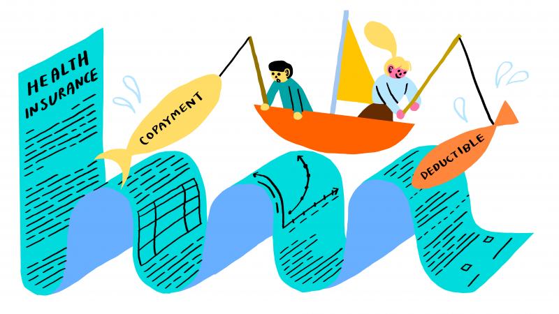 A long document labeled "health insurance" turns into waves as the document stretches across the screen. Two people in a small boat ride the "waves" of the document, fishing for the jargon like "deductible" and "copayment." A long document labeled "health insurance" turns into waves as the document stretches across the screen. Two people in a small boat ride the "waves" of the document, fishing for the jargon like "deductible" and "copayment."