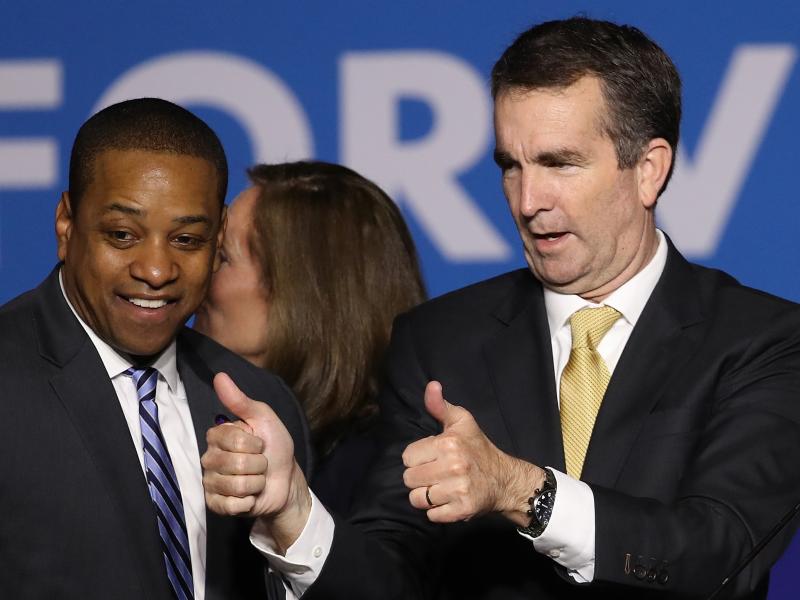 Virginia Gov.-elect Ralph Northam (right) and Lt. Gov.-elect Justin Fairfax greet supporters at an election night rally Tuesday after the Democrats' victory. Virginia Gov.-elect Ralph Northam (right) and Lt. Gov.-elect Justin Fairfax greet supporters at an election night rally Tuesday after the Democrats' victory.