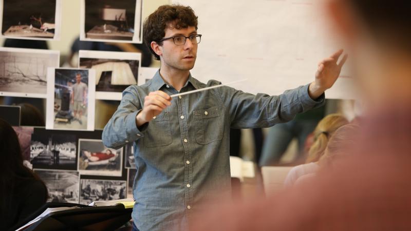 Composer, librettist and conductor Matthew Aucoin in rehearsal. Composer, librettist and conductor Matthew Aucoin in rehearsal.