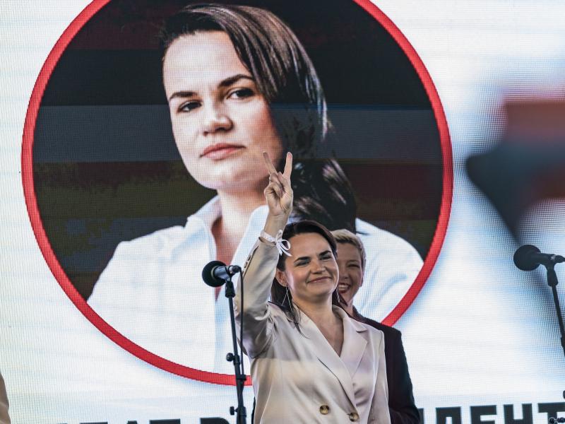 Svetlana Tikhanovskaya, presidential candidate in Belarus elections 2020, makes the symbol of victory in a rally in Minsk. Svetlana Tikhanovskaya, presidential candidate in Belarus elections 2020, makes the symbol of victory in a rally in Minsk.