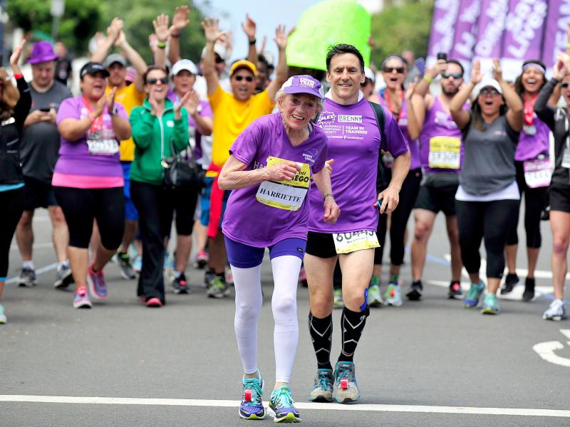 Harriette Thompson, 92, and her son Brenny Thompson finish the Suja Rock 'n' Roll San Diego Marathon on May 31 in San Diego. Harriette Thompson, 92, and her son Brenny Thompson finish the Suja Rock 'n' Roll San Diego Marathon on May 31 in San Diego.