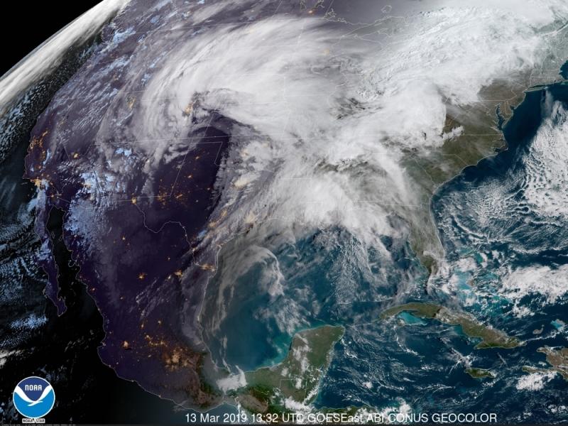 A satellite image from Wednesday morning shows a powerful storm system heading east across the U.S. The storm is expected to bring high winds, snow and rain to much of the central U.S. in the coming days. A satellite image from Wednesday morning shows a powerful storm system heading east across the U.S. The storm is expected to bring high winds, snow and rain to much of the central U.S. in the coming days.