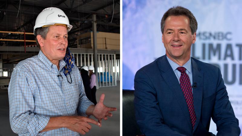 Left: Incumbent Republican Sen. Steve Daines speaks at a manufacturing facility under construction in Bozeman, Mont., in September. Right: Montana Senate candidate Gov. Steve Bullock in 2019. Left: Incumbent Republican Sen. Steve Daines speaks at a manufacturing facility under construction in Bozeman, Mont., in September. Right: Montana Senate candidate Gov. Steve Bullock in 2019.
