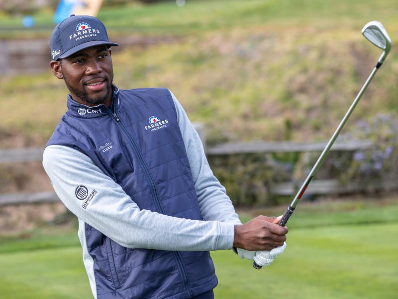 Kamaiu Johnson practices ahead of his PGA Tour debut on Thursday at legendary Pebble Beach. Johnson, 27, was discovered by a golf pro at age 13 after he had dropped out of school. Kamaiu Johnson practices ahead of his PGA Tour debut on Thursday at legendary Pebble Beach. Johnson, 27, was discovered by a golf pro at age 13 after he had dropped out of school.