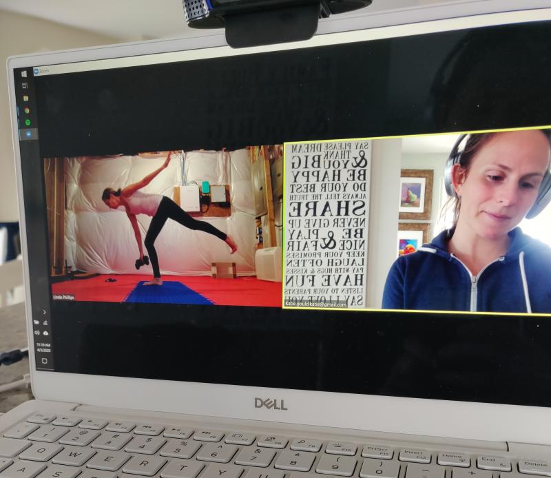 Trainer Katie Gould (right) leads workout sessions remotely after having to close her studio, KG Strong in Philadelphia. Trainer Katie Gould (right) leads workout sessions remotely after having to close her studio, KG Strong in Philadelphia.