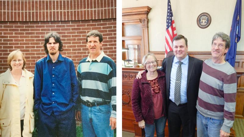 At left: Becky and Mike McKenney (right) visit VanSumeren while he was incarcerated. The couple are the parents of VanSumeren's former girlfriend, Jillian, who has also remained close to him. At right: The McKenneys join VanSumeren on the day of his swear At left: Becky and Mike McKenney (right) visit VanSumeren while he was incarcerated. The couple are the parents of VanSumeren's former girlfriend, Jillian, who has also remained close to him. At right: The McKenneys join VanSumeren on the day of his swear