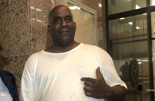 Hervis Rogers points to his "I voted" sticker on Super Tuesday in 2020. This week he was arrested for allegedly voting while on parole, which is illegal in Texas. Hervis Rogers points to his "I voted" sticker on Super Tuesday in 2020. This week he was arrested for allegedly voting while on parole, which is illegal in Texas.