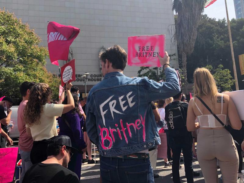 Britney Spears supporter Peter Stickles was among those demonstrating outside Los Angeles Superior Court on Wednesday. Britney Spears supporter Peter Stickles was among those demonstrating outside Los Angeles Superior Court on Wednesday.