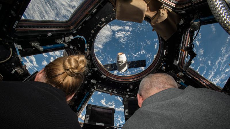 In July 2016, Rubins (left) and Jeff Williams (right), inside the International Space Station, maneuvered a supply spacecraft for docking. In July 2016, Rubins (left) and Jeff Williams (right), inside the International Space Station, maneuvered a supply spacecraft for docking.