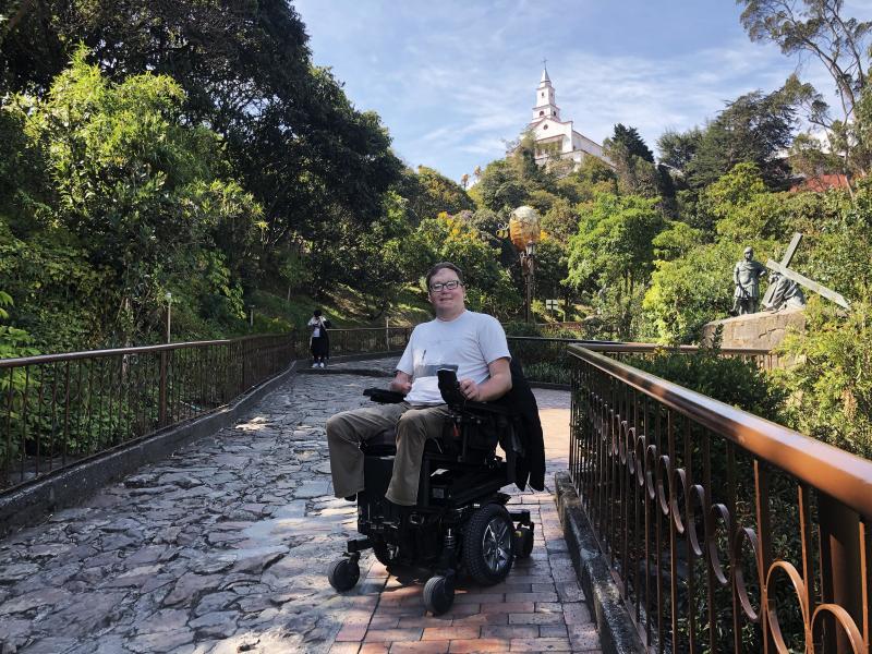 John Morris, here in Bogotá, Colombia, has a website called Wheelchair Travel and hosts a travel podcast. John Morris, here in Bogotá, Colombia, has a website called Wheelchair Travel and hosts a travel podcast.