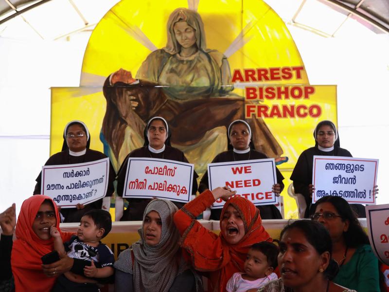 Nuns and supporters demand the arrest of Bishop Franco Mulakkal, outside the High Court in Kochi in the southern Indian state of Kerala in September. Nuns and supporters demand the arrest of Bishop Franco Mulakkal, outside the High Court in Kochi in the southern Indian state of Kerala in September.