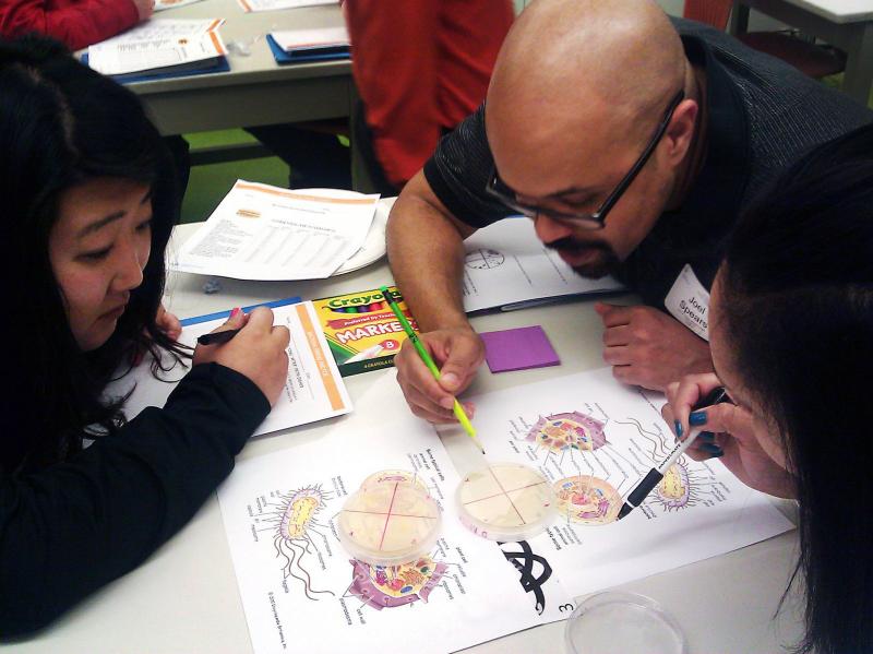 Science teachers huddle over bacteria colonies at Chicago's Museum of Science and Industry. The museum plans to train 1,000 area educators to be better science teachers in the next five years. Science teachers huddle over bacteria colonies at Chicago's Museum of Science and Industry. The museum plans to train 1,000 area educators to be better science teachers in the next five years.