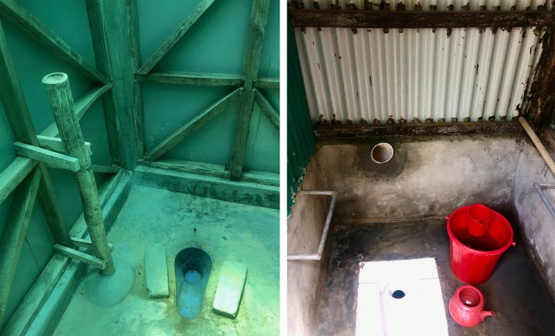 These toilets in the Rohingya refugee camps in Bangladesh were designed to be friendlier for pregnant women by giving them something to grab onto when using a squat latrine. At left: A long bamboo pole was installed next to a latrine from Oxfam Internatio These toilets in the Rohingya refugee camps in Bangladesh were designed to be friendlier for pregnant women by giving them something to grab onto when using a squat latrine. At left: A long bamboo pole was installed next to a latrine from Oxfam Internatio