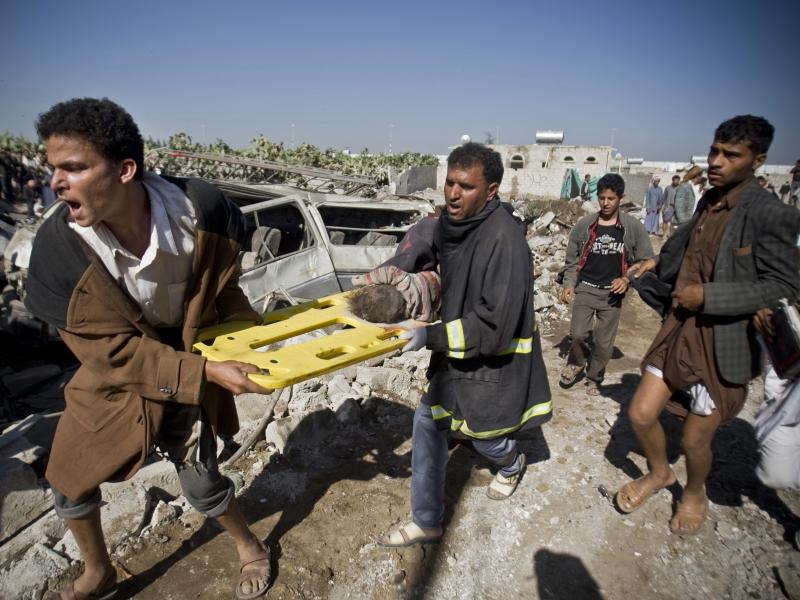 After Saudi airstrikes in Sanaa, Yemen in 2015, people carry the body of a child uncovered from under the rubble. The United Nations has declared Yemen the world's worst humanitarian crisis. When Yemen's war began, Nageeb Alomari decided to bring his wife After Saudi airstrikes in Sanaa, Yemen in 2015, people carry the body of a child uncovered from under the rubble. The United Nations has declared Yemen the world's worst humanitarian crisis. When Yemen's war began, Nageeb Alomari decided to bring his wife
