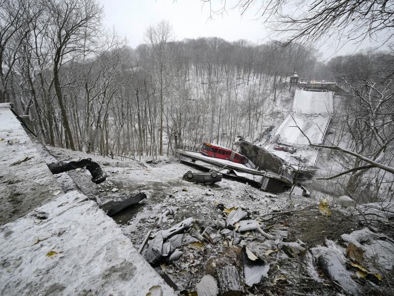 Ten people were injured and at least three hospitalized after a bridge collapsed early Friday in Pittsburgh's East End. Ten people were injured and at least three hospitalized after a bridge collapsed early Friday in Pittsburgh's East End.