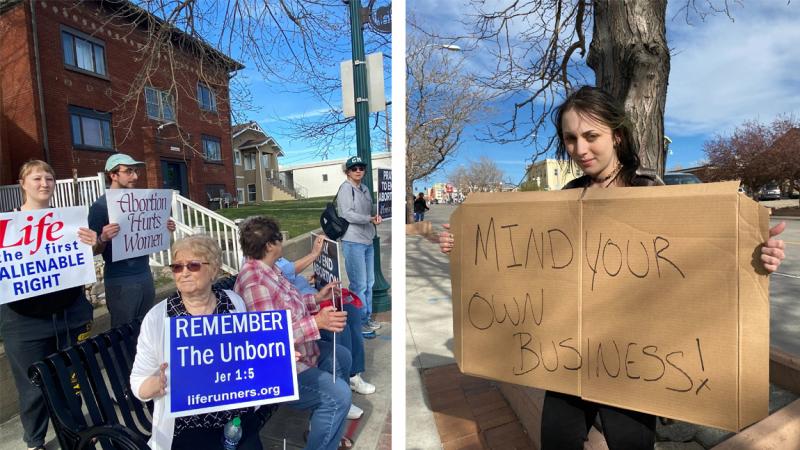 (Left) More than 100 people have been attending weekly anti-abortion prayer vigils outside the site of a future Casper, Wyo., clinic offering abortion and other health care services. (Right) Abortion-rights supporter Rikki Hayes holds up a sign near the s (Left) More than 100 people have been attending weekly anti-abortion prayer vigils outside the site of a future Casper, Wyo., clinic offering abortion and other health care services. (Right) Abortion-rights supporter Rikki Hayes holds up a sign near the s