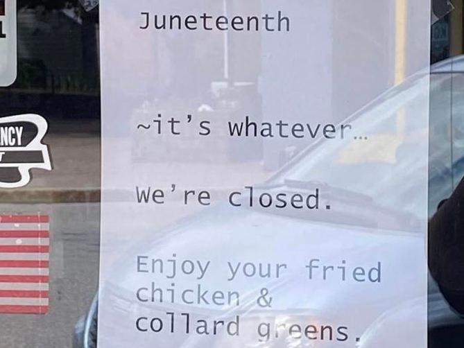 Residents in Millinocket, Maine, say they are outraged after an insurance agency displayed a racist sign remarking on the new Juneteenth federal holiday. Residents in Millinocket, Maine, say they are outraged after an insurance agency displayed a racist sign remarking on the new Juneteenth federal holiday.