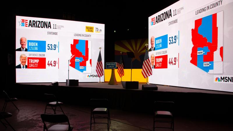 Arizona presidential election results from MSNBC are displayed during Democratic Senate candidate Mark Kelly's Nov. 3 election-night event in Tucson, Ariz. Like many other news organizations, NBC held off on calling Arizona for Joe Biden, while The Associ Arizona presidential election results from MSNBC are displayed during Democratic Senate candidate Mark Kelly's Nov. 3 election-night event in Tucson, Ariz. Like many other news organizations, NBC held off on calling Arizona for Joe Biden, while The Associ