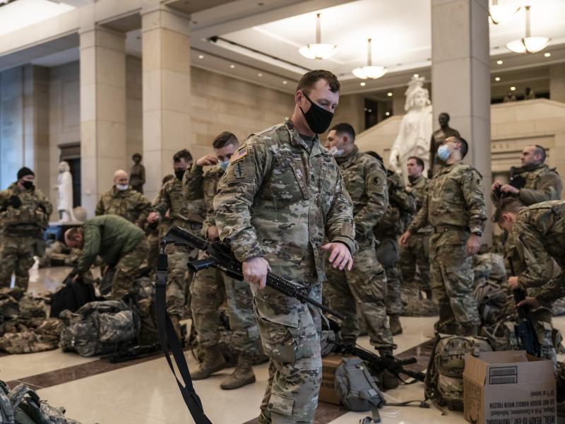 National Guard troops are inside the U.S. Capitol Visitor Center to reinforce security Wednesday at the Capitol in Washington. It comes a week after an insurrection at the Capitol. National Guard troops are inside the U.S. Capitol Visitor Center to reinforce security Wednesday at the Capitol in Washington. It comes a week after an insurrection at the Capitol.