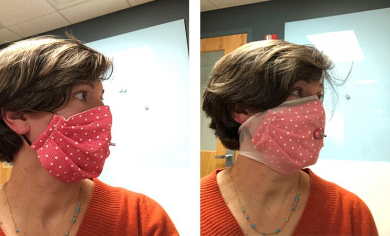 Researcher Loretta Fernandez of Northeastern University wears a homemade face mask without and with an extra outer layer made from nylon stockings (right). The added nylon outer layer significantly boosted masks' ability to filter out small particles, her Researcher Loretta Fernandez of Northeastern University wears a homemade face mask without and with an extra outer layer made from nylon stockings (right). The added nylon outer layer significantly boosted masks' ability to filter out small particles, her