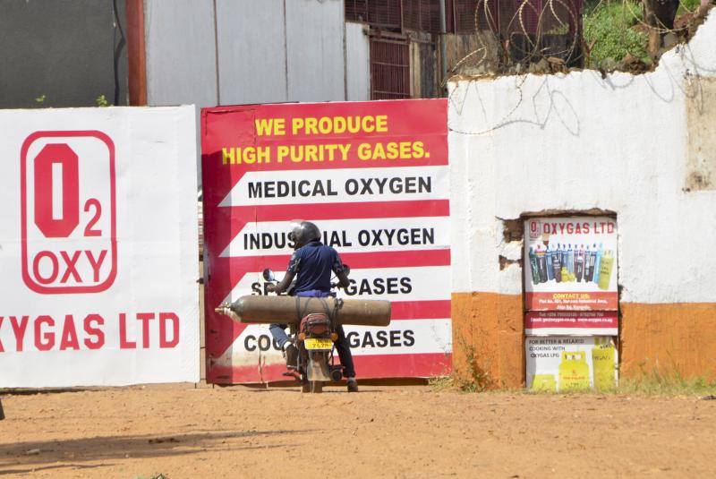 An oxygen cylinder plant in Kampala, Uganda. The Ugandan army has started producing oxygen for state-run hospitals to ease the burden existing plants as COVID-19 cases — and demand for oxygen for severe illness — keep rising. An oxygen cylinder plant in Kampala, Uganda. The Ugandan army has started producing oxygen for state-run hospitals to ease the burden existing plants as COVID-19 cases — and demand for oxygen for severe illness — keep rising.