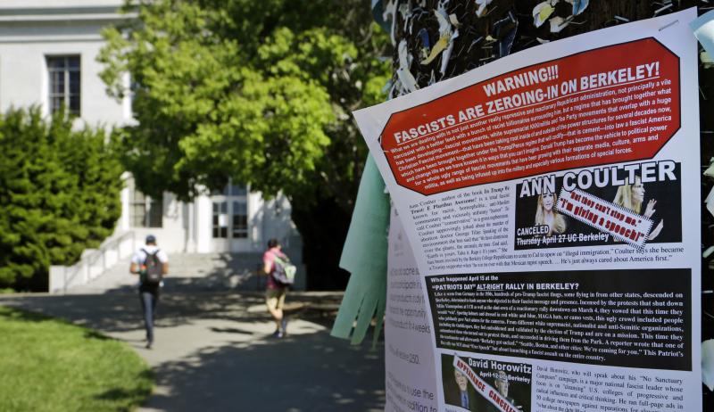 A leaflet is seen stapled to a message board near Sproul Hall on the University of California at Berkeley in Berkeley, Calif. The University of California, Berkeley says it's preparing for possible violence on campus whether Ann Coulter comes to speak or A leaflet is seen stapled to a message board near Sproul Hall on the University of California at Berkeley in Berkeley, Calif. The University of California, Berkeley says it's preparing for possible violence on campus whether Ann Coulter comes to speak or