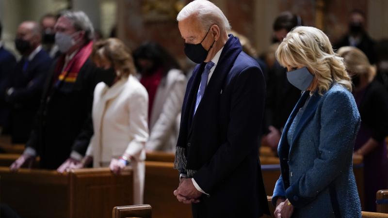 President Joe Biden and his wife, Jill Biden, shown here on Jan. 20, 2021, attend Mass at the Cathedral of St. Matthew the Apostle during Inauguration Day ceremonies in Washington, D.C. President Joe Biden and his wife, Jill Biden, shown here on Jan. 20, 2021, attend Mass at the Cathedral of St. Matthew the Apostle during Inauguration Day ceremonies in Washington, D.C.