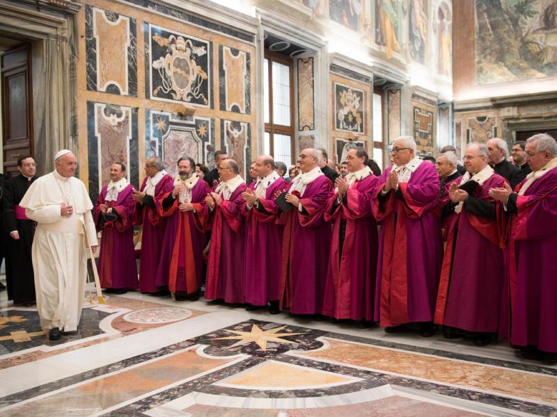 Pope Francis meets members of the Roman Rota, the supreme Tribunal of the Holy See, at the Vatican on Monday. Pope Francis meets members of the Roman Rota, the supreme Tribunal of the Holy See, at the Vatican on Monday.