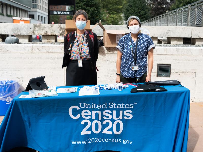 U.S. Census Bureau workers stand outside Lincoln Center in New York City in September. A federal judge has ordered the bureau to keep counting for the 2020 census through Oct. 31 for now. U.S. Census Bureau workers stand outside Lincoln Center in New York City in September. A federal judge has ordered the bureau to keep counting for the 2020 census through Oct. 31 for now.