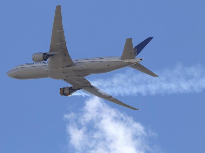 United Airlines Flight 328 approaching Denver International Airport, after experiencing "a right-engine failure" shortly after takeoff from Denver. The FAA issued an order on Tuesday grounding all aircraft powered by the same Pratt & Whitney 4000-112 engi United Airlines Flight 328 approaching Denver International Airport, after experiencing "a right-engine failure" shortly after takeoff from Denver. The FAA issued an order on Tuesday grounding all aircraft powered by the same Pratt & Whitney 4000-112 engi