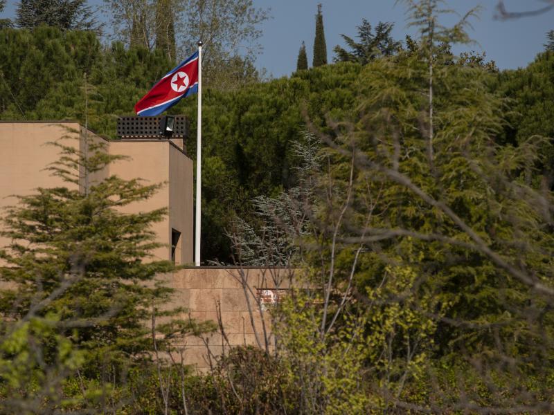 The North Korean flag is flown at Madrid's North Korean embassy, which was was raided in February. The North Korean flag is flown at Madrid's North Korean embassy, which was was raided in February.