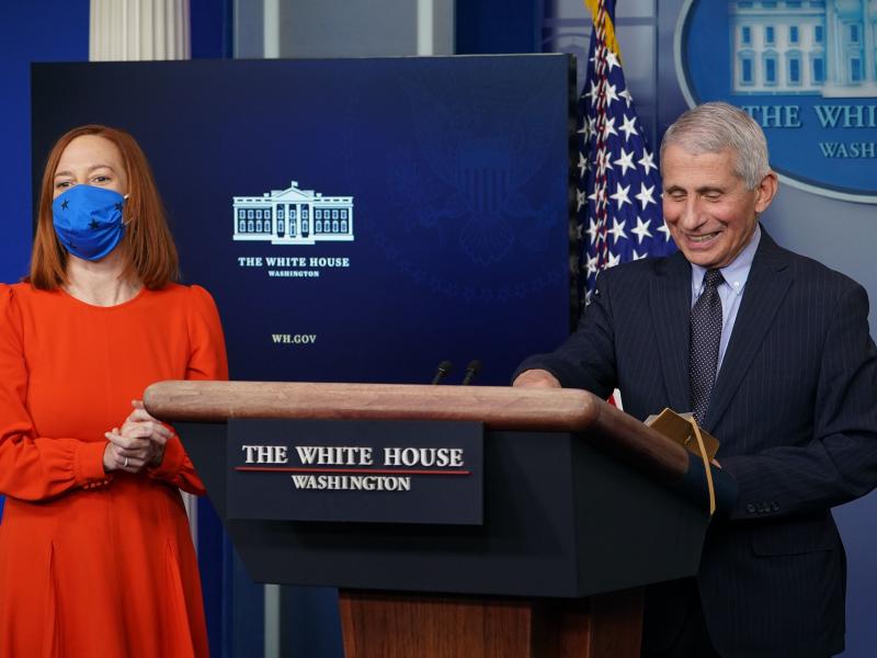 Dr. Anthony Fauci and White House press secretary Jen Psaki face reporters Thursday during the daily White House briefing. Dr. Anthony Fauci and White House press secretary Jen Psaki face reporters Thursday during the daily White House briefing.