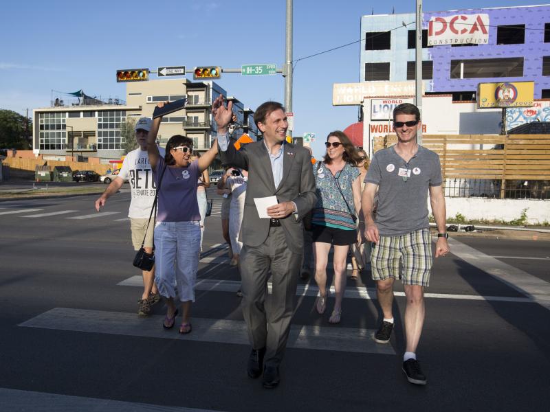 Texas Attorney General candidate Justin Nelson leads a pub crawl across three congressional districts in downtown Austin - the Pub Crawl to End Gerrymandering. Texas Attorney General candidate Justin Nelson leads a pub crawl across three congressional districts in downtown Austin - the Pub Crawl to End Gerrymandering.