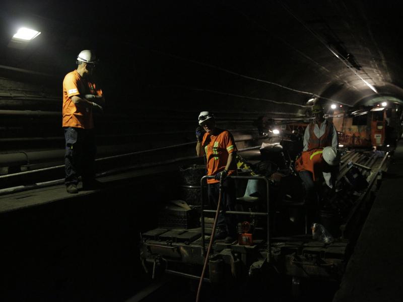 Amtrak workers install new electrical cable in the north tube of the Hudson River tunnels. Amtrak says roughly 200,000 riders use these tunnels on a daily basis. Amtrak workers install new electrical cable in the north tube of the Hudson River tunnels. Amtrak says roughly 200,000 riders use these tunnels on a daily basis.