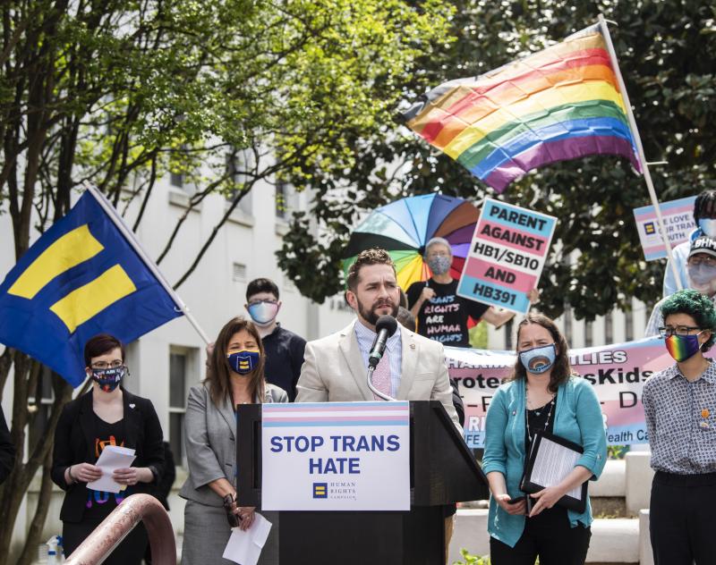 Alabama Rep. Neil Rafferty speaks in support of transgender rights during a rally outside the Alabama State House in 2021. The state is using the Dobbs ruling, which overturned Roe v. Wade and ended abortion access as a federal right, to argue it has the Alabama Rep. Neil Rafferty speaks in support of transgender rights during a rally outside the Alabama State House in 2021. The state is using the Dobbs ruling, which overturned Roe v. Wade and ended abortion access as a federal right, to argue it has the