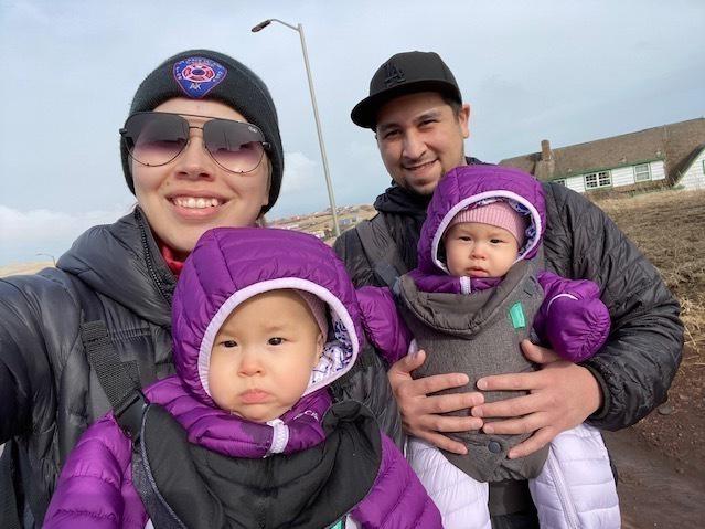 Cara Lestenkof-Mandregan, John Melovidov and their twin daughters, Anna and Mila, go for a walk on St. Paul Island, Alaska. Cara Lestenkof-Mandregan, John Melovidov and their twin daughters, Anna and Mila, go for a walk on St. Paul Island, Alaska.