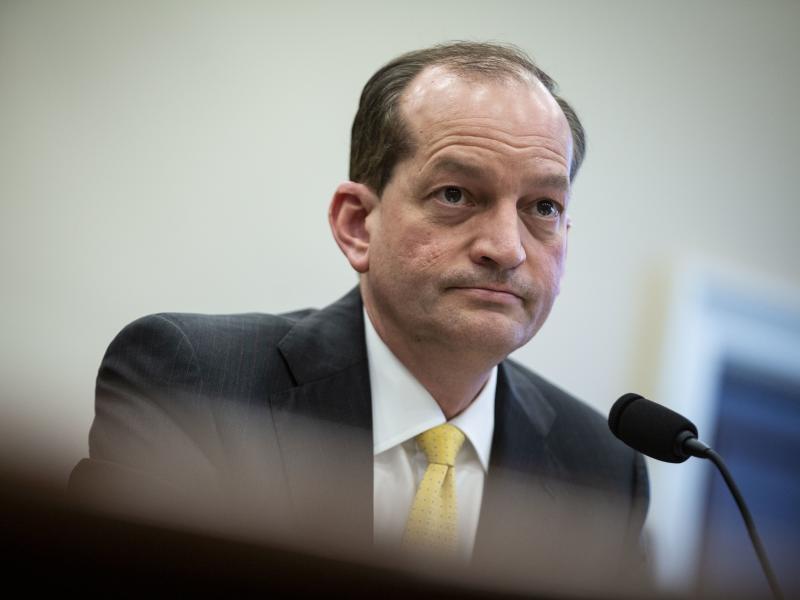 Labor Secretary Alexander Acosta testifies during a House Appropriations Committee hearing on April 3. Labor Secretary Alexander Acosta testifies during a House Appropriations Committee hearing on April 3.