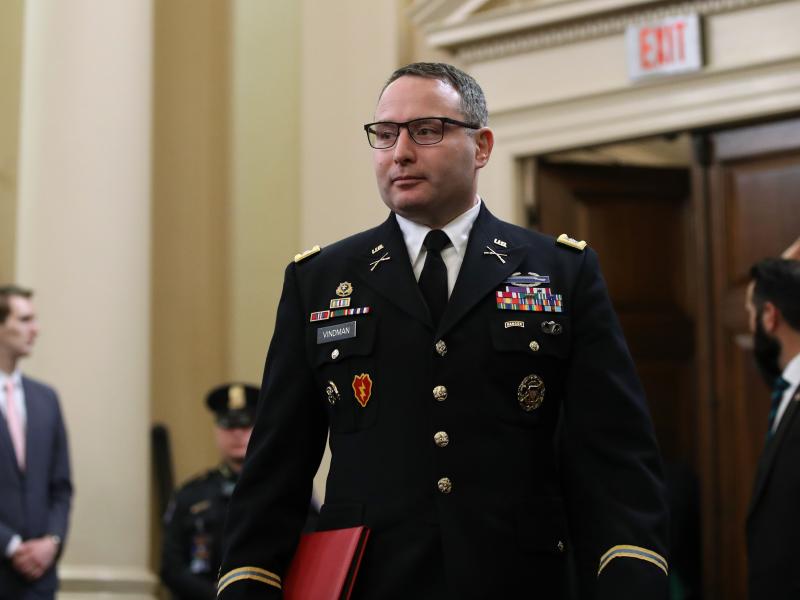 Lt. Col. Alexander Vindman arrives to testify before the House Intelligence Committee in November 2019 during the impeachment inquiry against former President Donald Trump. Lt. Col. Alexander Vindman arrives to testify before the House Intelligence Committee in November 2019 during the impeachment inquiry against former President Donald Trump.