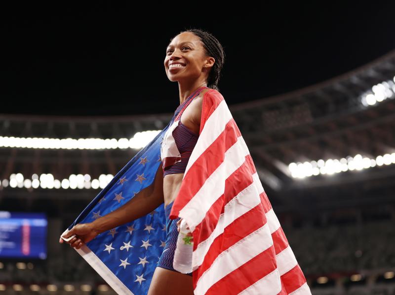 Allyson Felix of Team USA celebrates after winning the bronze medal in the women's 400-meter final at the Tokyo Olympic Games on Friday. Allyson Felix of Team USA celebrates after winning the bronze medal in the women's 400-meter final at the Tokyo Olympic Games on Friday.