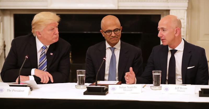 President Trump met with Microsoft CEO Satya Nadella and Amazon CEO Jeff Bezos as part of the American Technology Council in June 2017. President Trump met with Microsoft CEO Satya Nadella and Amazon CEO Jeff Bezos as part of the American Technology Council in June 2017.