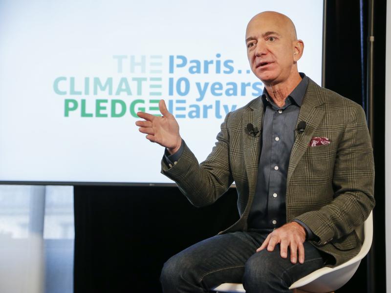 Amazon CEO Jeff Bezos announces the company's climate initiative Thursday at the National Press Club in Washington, D.C. Amazon CEO Jeff Bezos announces the company's climate initiative Thursday at the National Press Club in Washington, D.C.