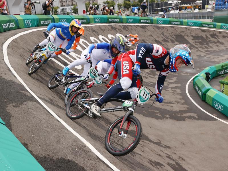 Connor Fields, of Team USA, leads the pack in a Men's BMX semifinal on Friday. He crashed not long after and was taken to the hospital. Connor Fields, of Team USA, leads the pack in a Men's BMX semifinal on Friday. He crashed not long after and was taken to the hospital.