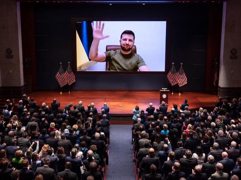 Ukrainian President Volodymyr Zelenskyy addresses the U.S. Congress on March 16, 2022, at the U.S. Capitol in Washington, DC. Since the war began, he has been appealing to world leaders for more support for Ukraine and sanctions on Russia. Ukrainian President Volodymyr Zelenskyy addresses the U.S. Congress on March 16, 2022, at the U.S. Capitol in Washington, DC. Since the war began, he has been appealing to world leaders for more support for Ukraine and sanctions on Russia.