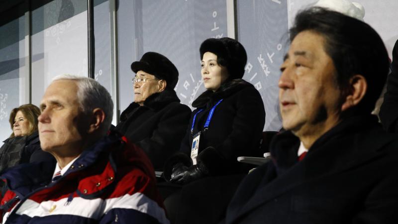 Kim Yong Nam, top left, president of the Presidium of North Korean Parliament, and Kim Yo Jong, sister of North Korean leader Kim Jong Un, top right, sit behind U.S. Vice President Mike Pence, bottom left, and Japanese Prime Minister Shinzo Abe, bottom ri Kim Yong Nam, top left, president of the Presidium of North Korean Parliament, and Kim Yo Jong, sister of North Korean leader Kim Jong Un, top right, sit behind U.S. Vice President Mike Pence, bottom left, and Japanese Prime Minister Shinzo Abe, bottom ri